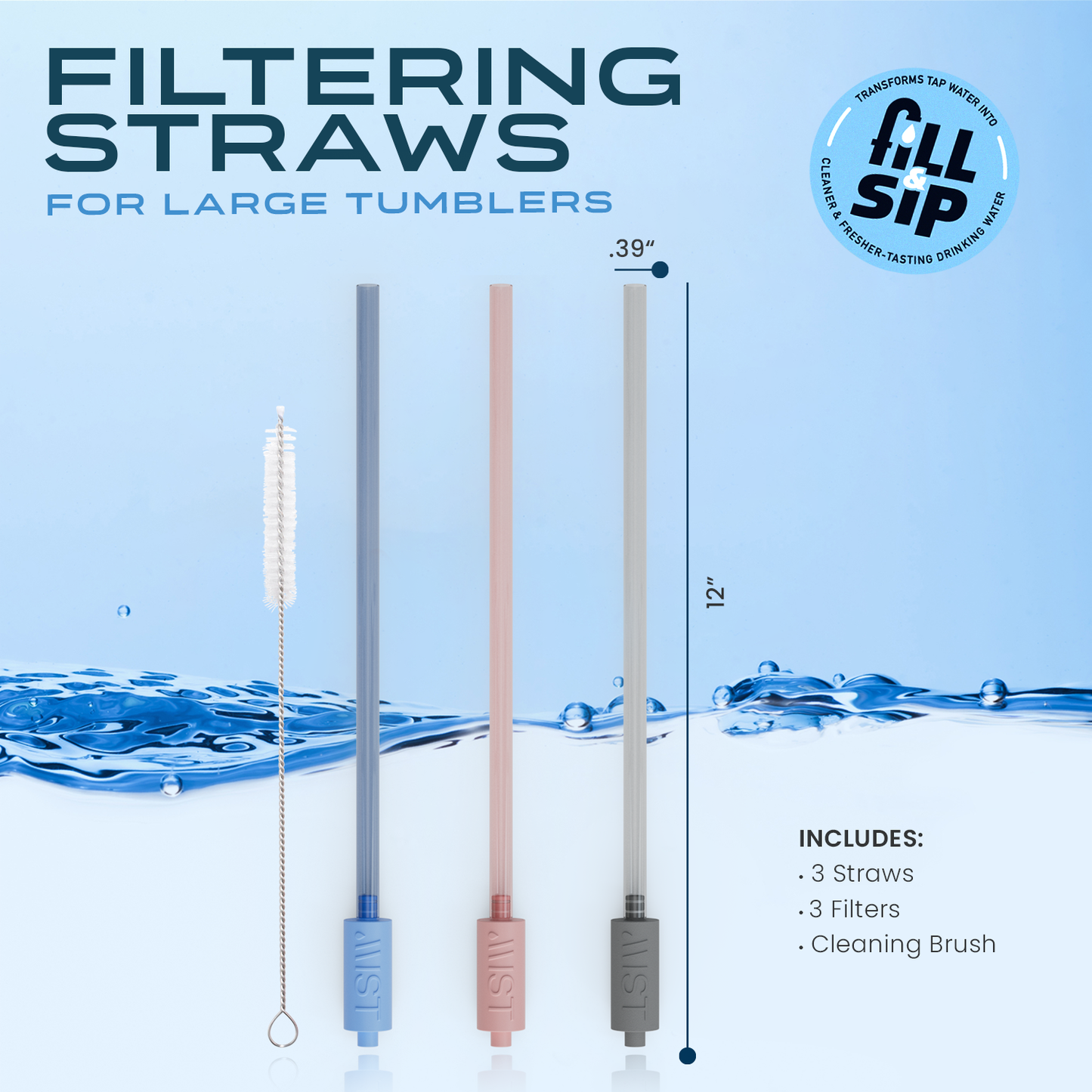 Reusable Filtering Straws for Stanley Cups and Tumblers - 1 pink, 1 gray, 1 blue and brush