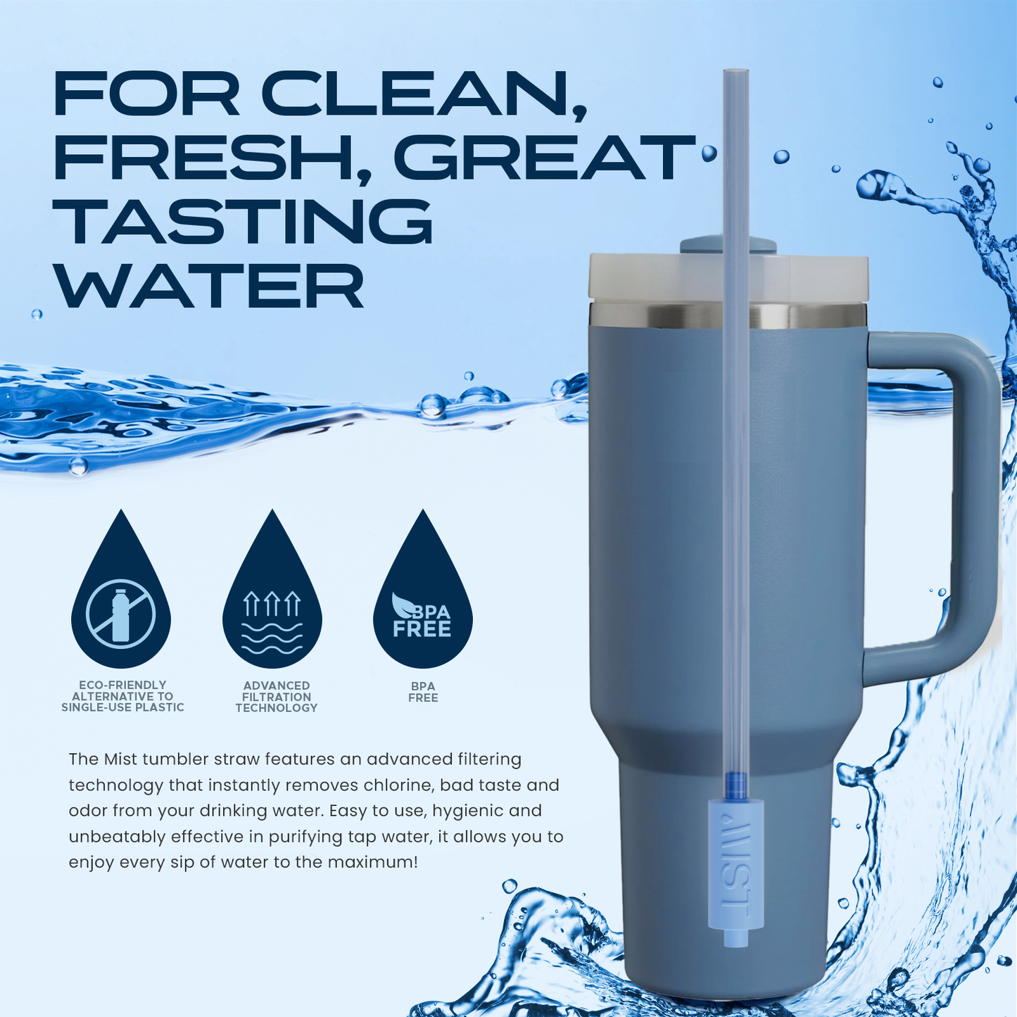 Reusable Filtering Straws for Stanley Cups and Tumblers - 1 pink, 1 gray, 1 blue and brush