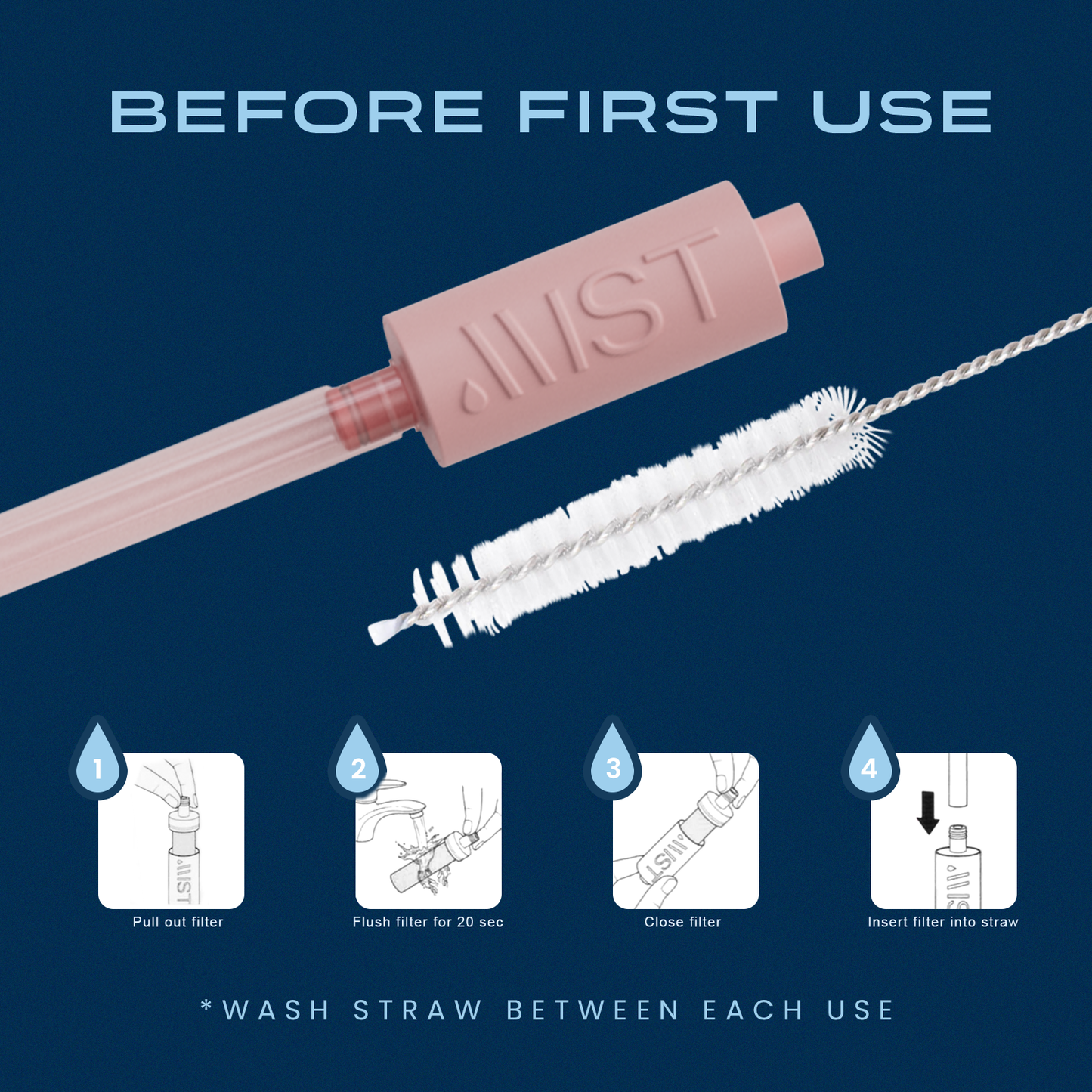 Reusable Filtering Straws for Stanley Cups and Tumblers - 1 pink, 1 gray, 1 blue and brush