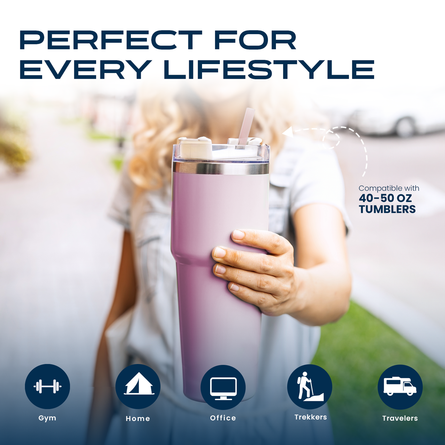 Reusable Filtering Straws for Stanley Cups and Tumblers - 1 pink, 1 gray, 1 blue and brush