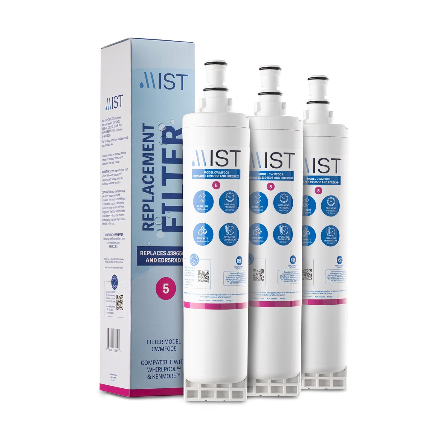 Mist 4396508 & EDR5RXD1 Water Filter Replacement, Compatible Whirlpool Models: 4396508, 4396510, Filter 5, 46-9010, PUR W10186668, NLC240V, Kenmore 46-9010, 9087