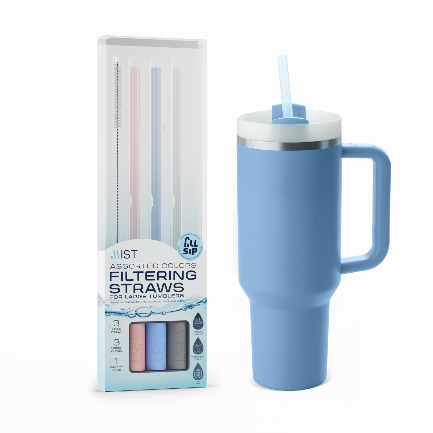 Reusable Filtering Straws for Stanley Cups and Tumblers - 1 pink, 1 gray, 1 blue and brush