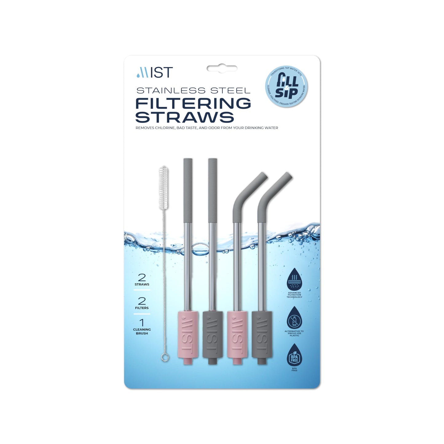 Reusable Stainless Steel Filtering Straws with Brush - 2 Grey and 2 Pink