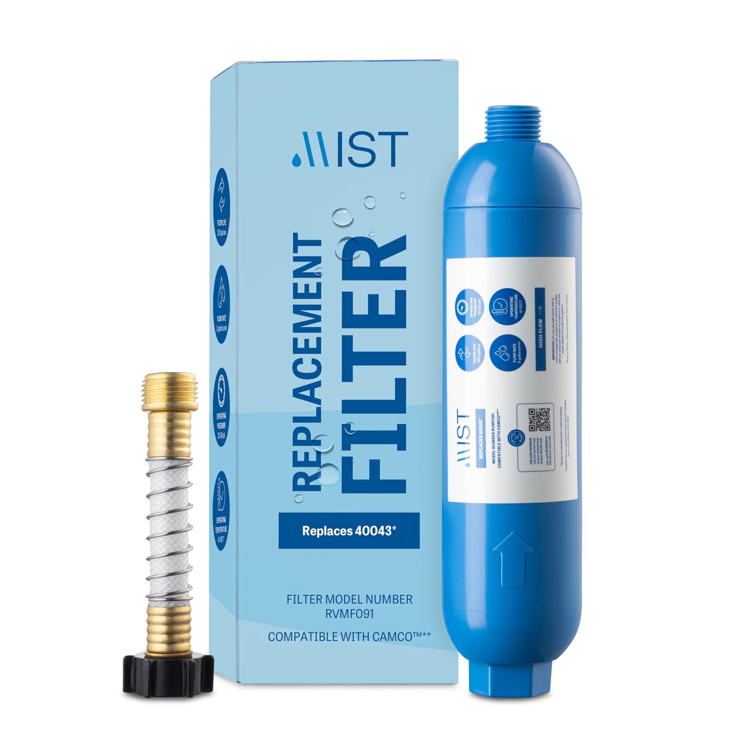 Camco 40043, 40013, 40041 RV Inline Water Filter Replacement with Flexible Hose Protector