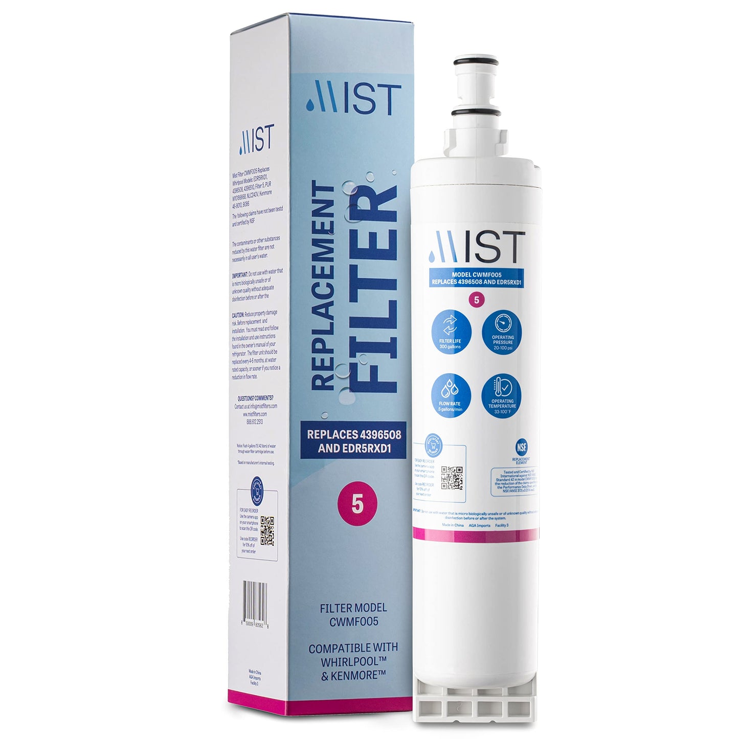 Mist 4396508 & EDR5RXD1 Water Filter Replacement, Compatible Whirlpool Models: 4396508, 4396510, Filter 5, 46-9010, PUR W10186668, NLC240V, Kenmore 46-9010, 9087