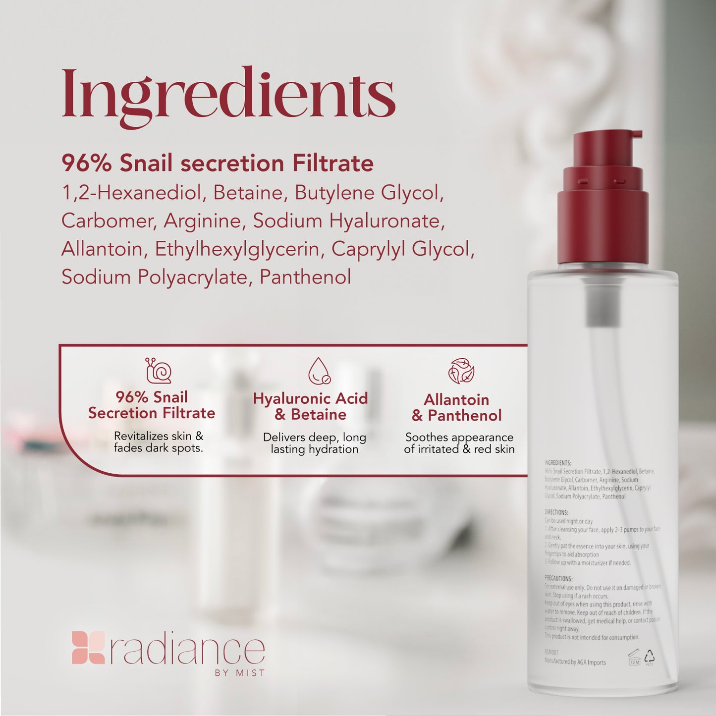 Radiance Snail Mucin Serum with Advanced Snail 96% Mucin Power Essence, Korean Skin Care with Hydrating Hyaluronic Acid Korean Serum, 3.38 fl oz, 100ml