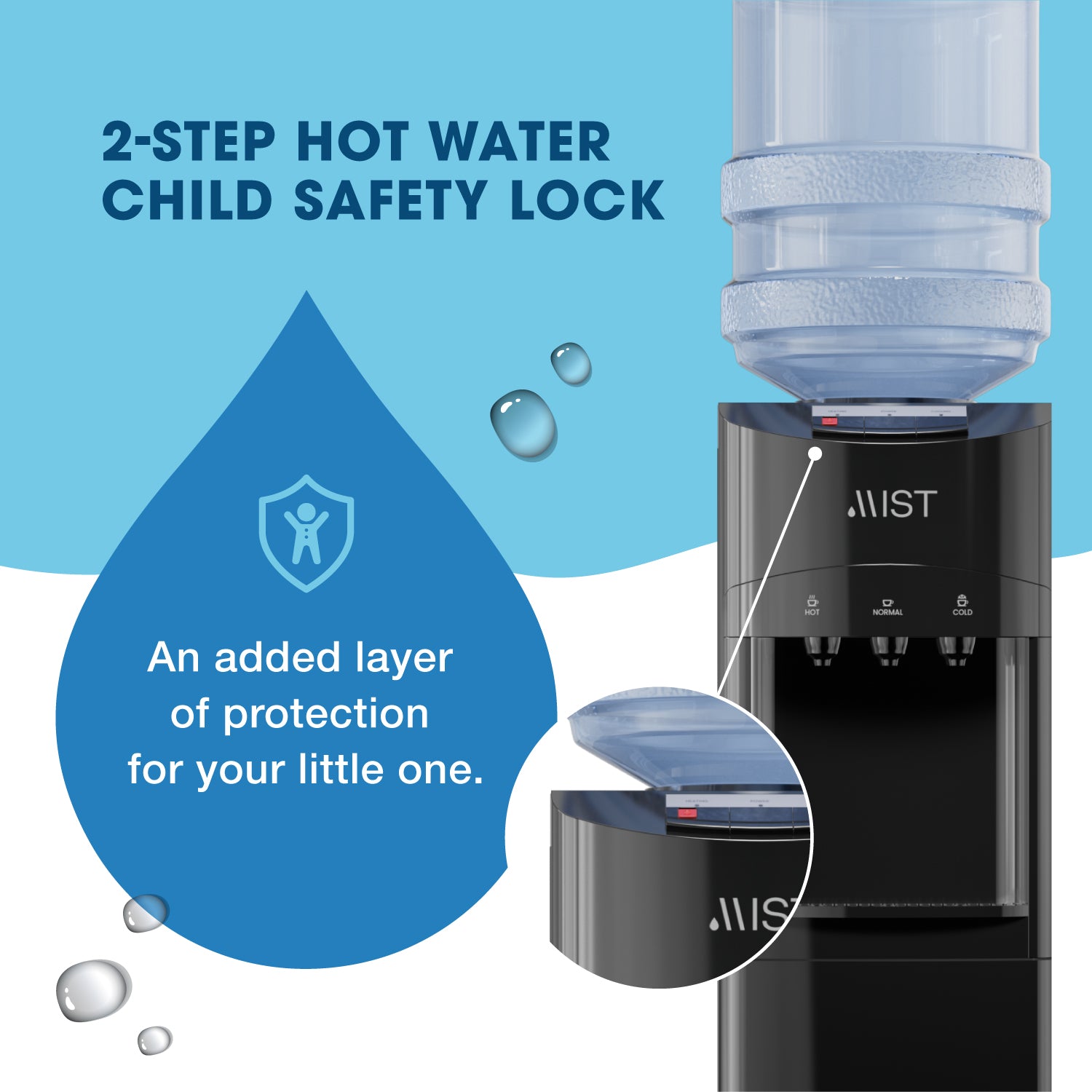 Mist Top Loading Water Cooler with Child Safety Lock, 3 Temperature Options, Holds 3 and 5 Gallon Bottles- Black